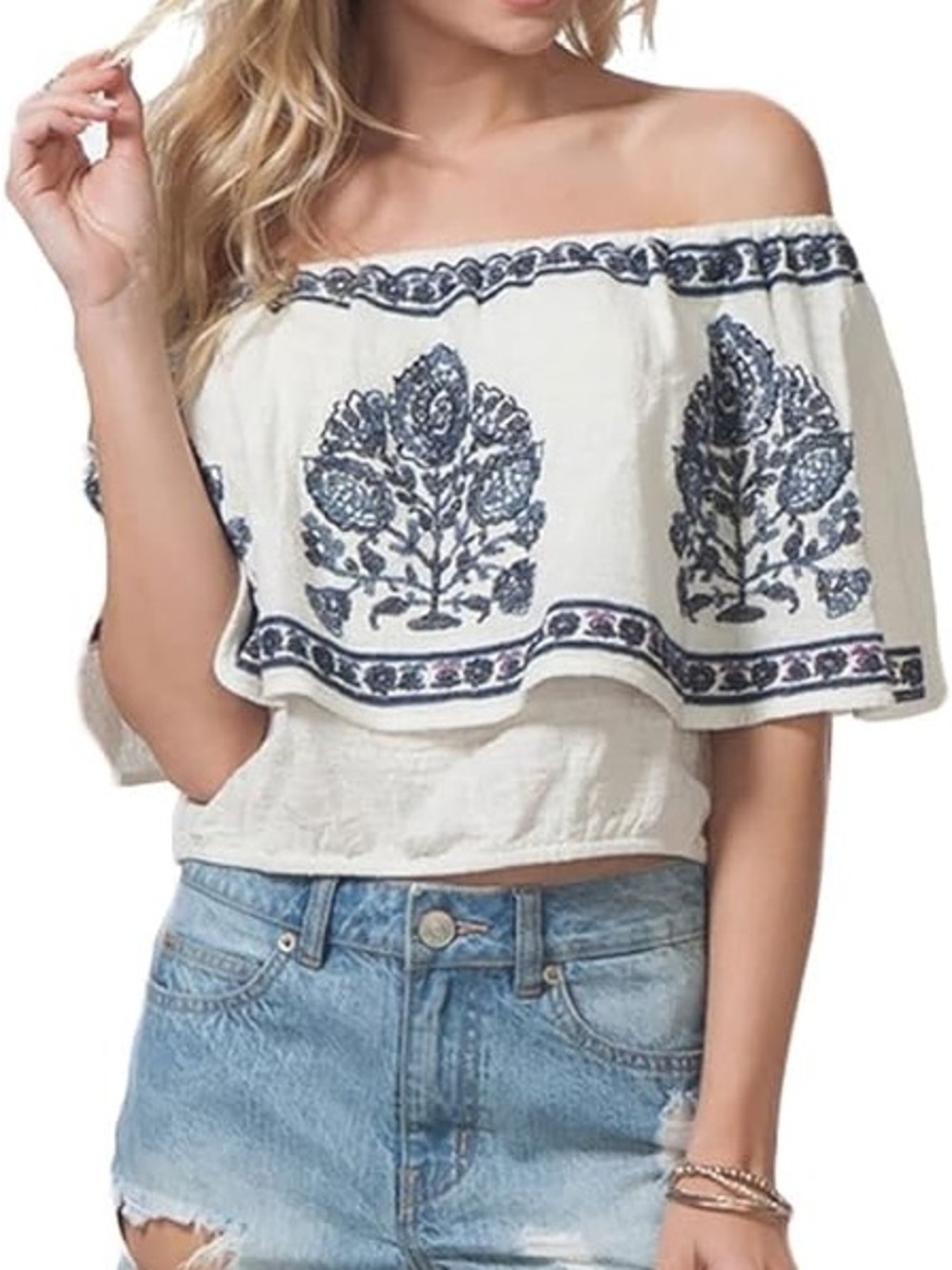 Rip Curl Boho White Off-Shoulder Embroidered Peasant Crop Top XL